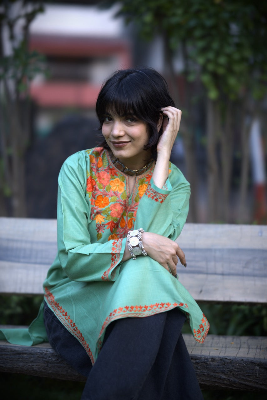 Ladies Kurti | Kashmiri Kurti | Light Green & Red/Orange Colored Embroidery
