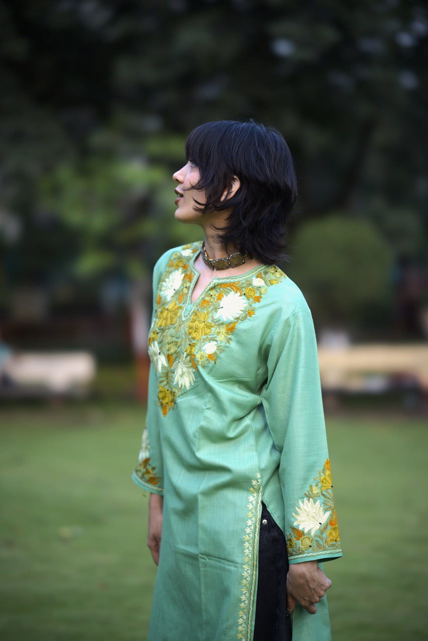 Ladies Kurti | Kashmiri Kurti | Light Green & White/Yellow Colored Embroidery