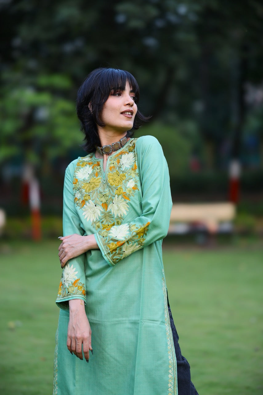 Ladies Kurti | Kashmiri Kurti | Light Green & White/Yellow Colored Embroidery