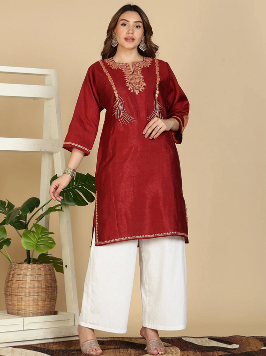 Till Embroidered Pheran | Maroon Colored | Premium Silk