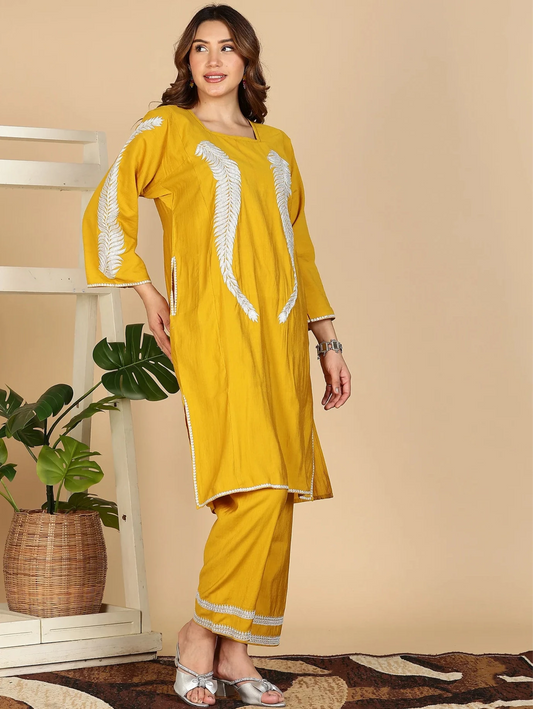 Premium Silk Pheran Set | Mustard Colored | White Tilla Embroidered