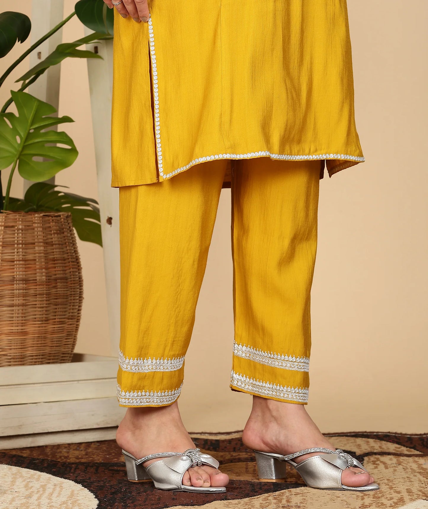 Premium Silk Pheran Set | Mustard Colored | White Tilla Embroidered