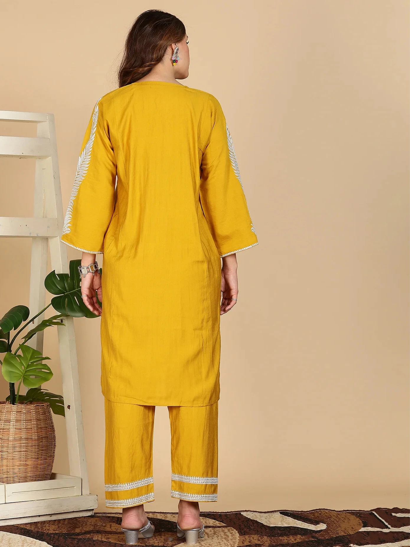 Premium Silk Pheran Set | Mustard Colored | White Tilla Embroidered