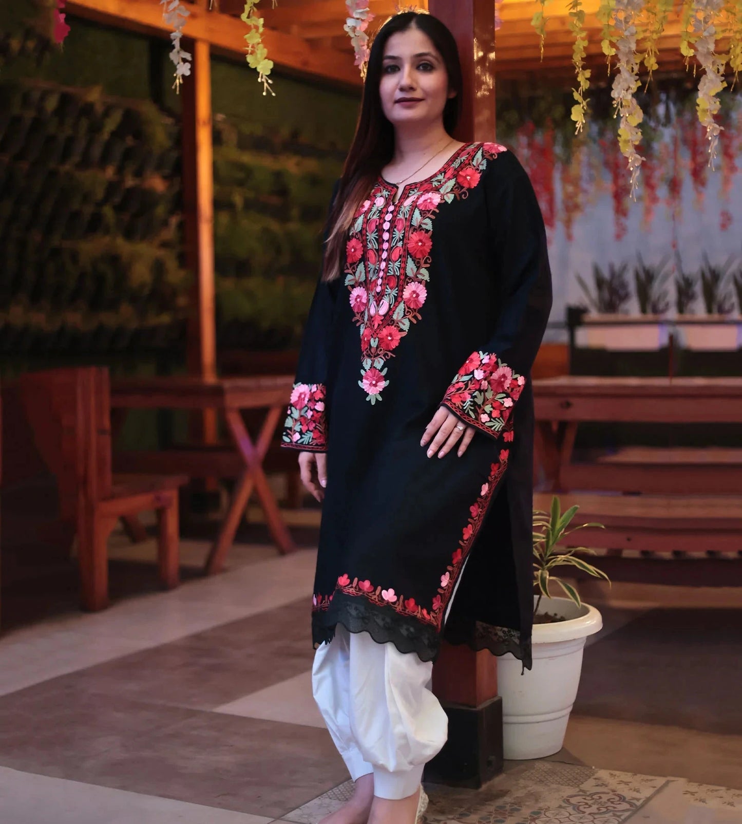 Premium Embroidered Ladies Pheran | Black Colored | Colorful Aari Emroidery | Fine Wool