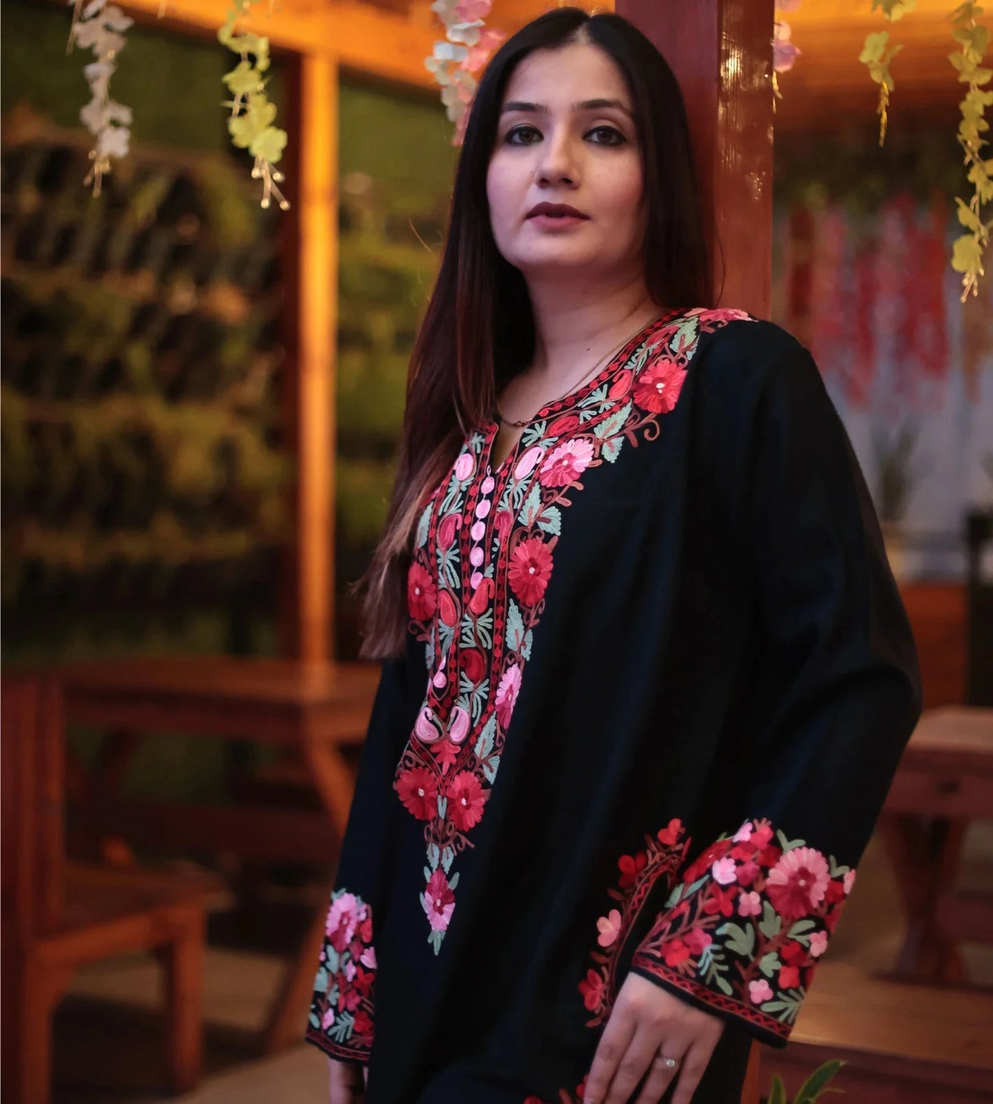 Premium Embroidered Ladies Pheran | Black Colored | Colorful Aari Emroidery | Fine Wool