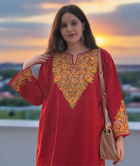 Aari Embroidered | Red Colored and Floral Design | Ladies Phiran