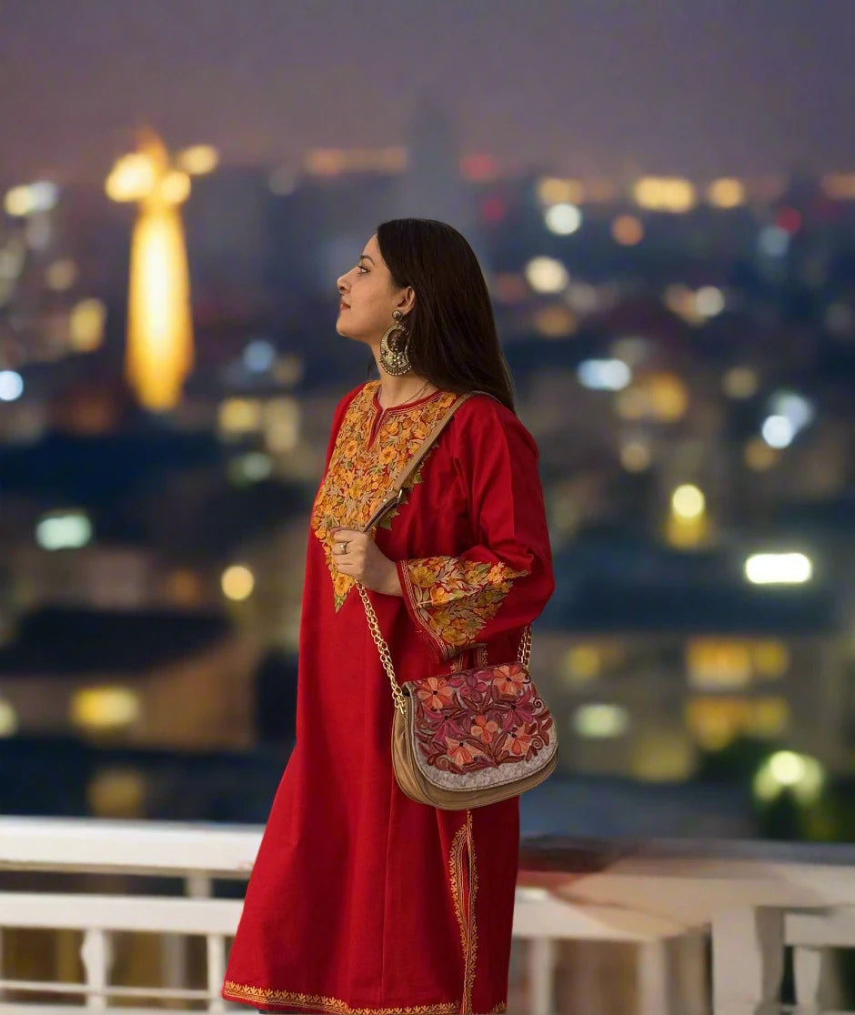Aari Embroidered | Red Colored and Floral Design | Ladies Phiran