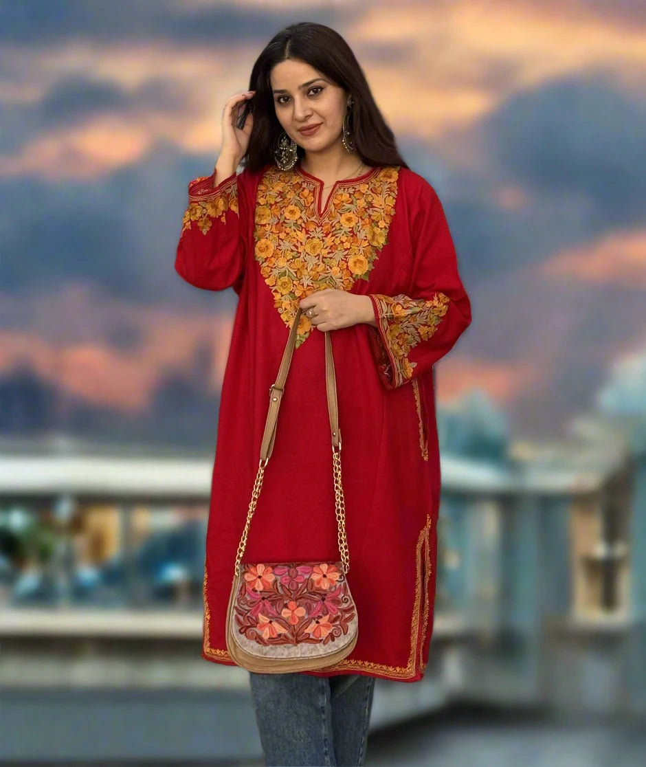 Aari Embroidered | Red Colored and Floral Design | Ladies Phiran