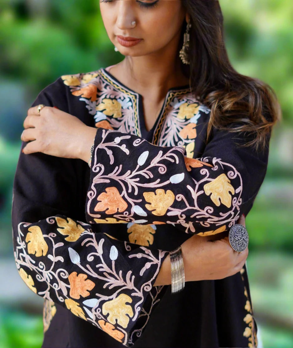 Aari Embroidered | Black Colored and Floral Design | Ladies Woolen Phiran