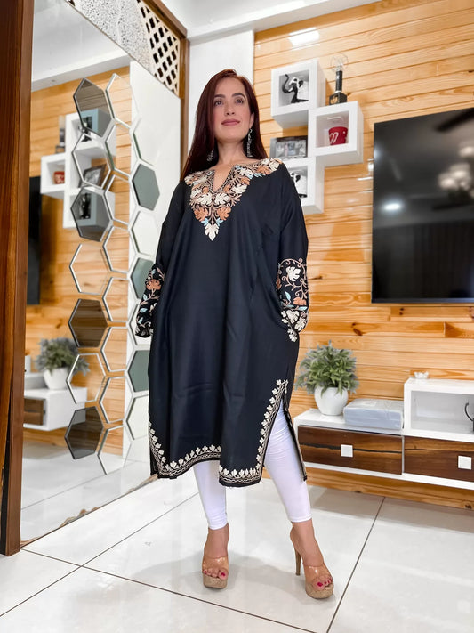 Aari Embroidered | Black Colored and Floral Design | Ladies Woolen Phiran