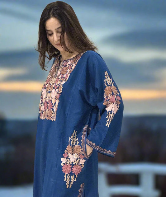 Royal Blue Pheran | Aari Embroidered | Floral Embroidery