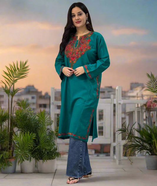 Fine Woolen Pheran | Sea Green | Embroidered | With Pockets