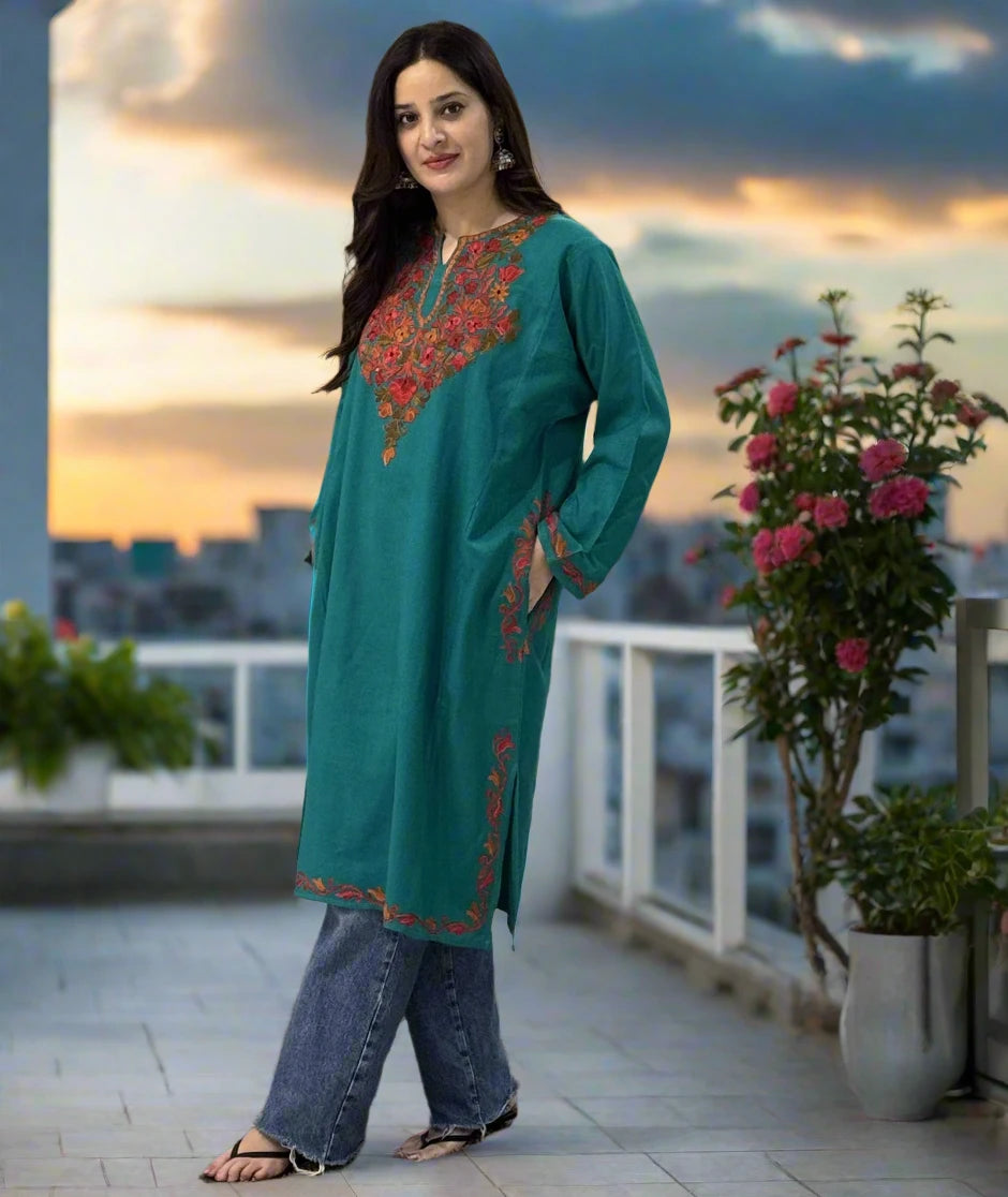 Fine Woolen Pheran | Sea Green | Embroidered | With Pockets