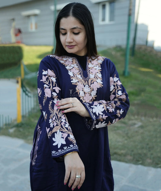 Navy Blue Embroider Ladies Pheran | Fine Wool | With Pockets
