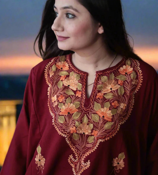 Maroon Colored Ladies Pheran | Bootidaar Kashmiri Aari Embroidered | Fine Wool