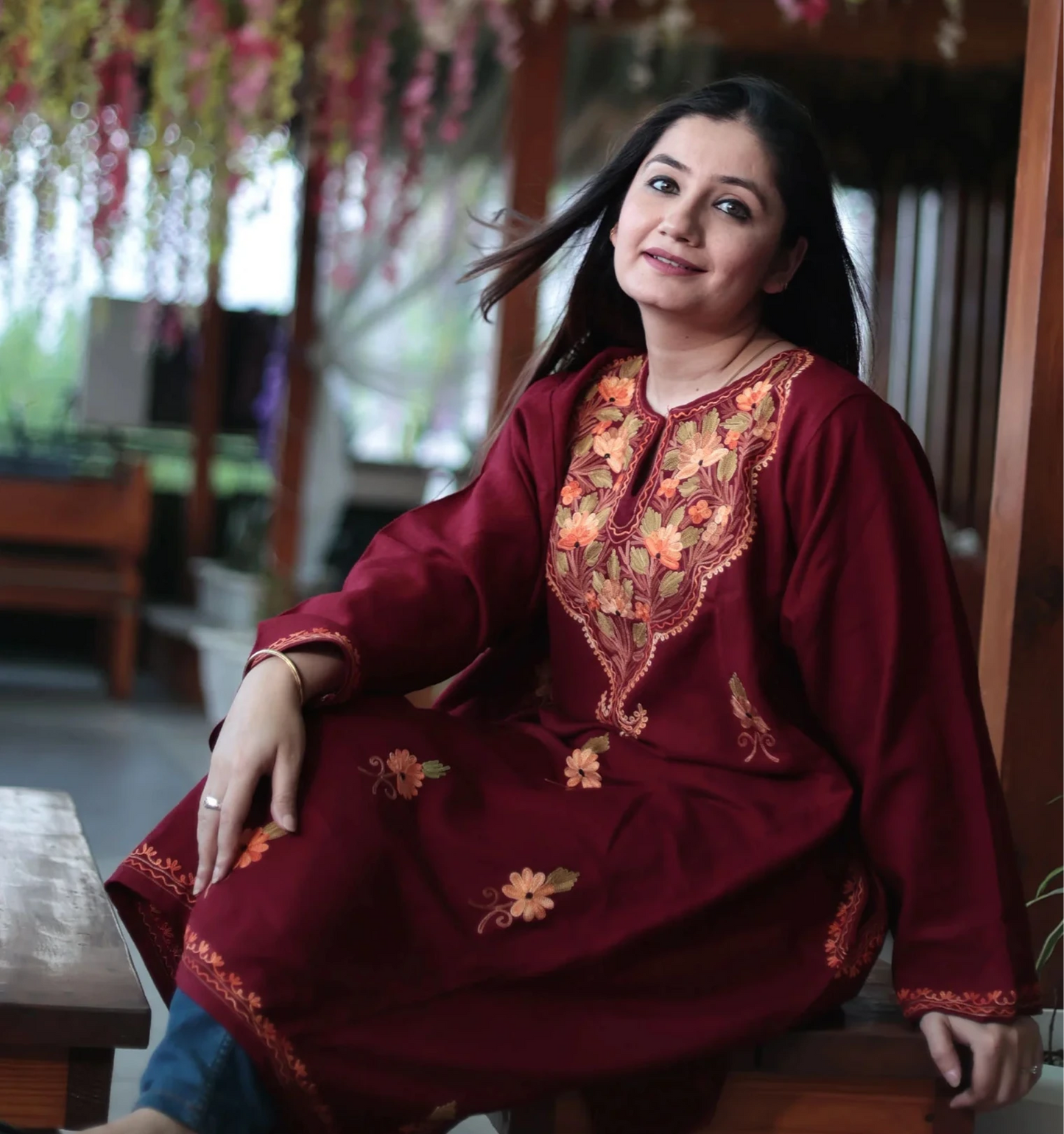 Maroon Colored Ladies Pheran | Bootidaar Kashmiri Aari Embroidered | Fine Wool