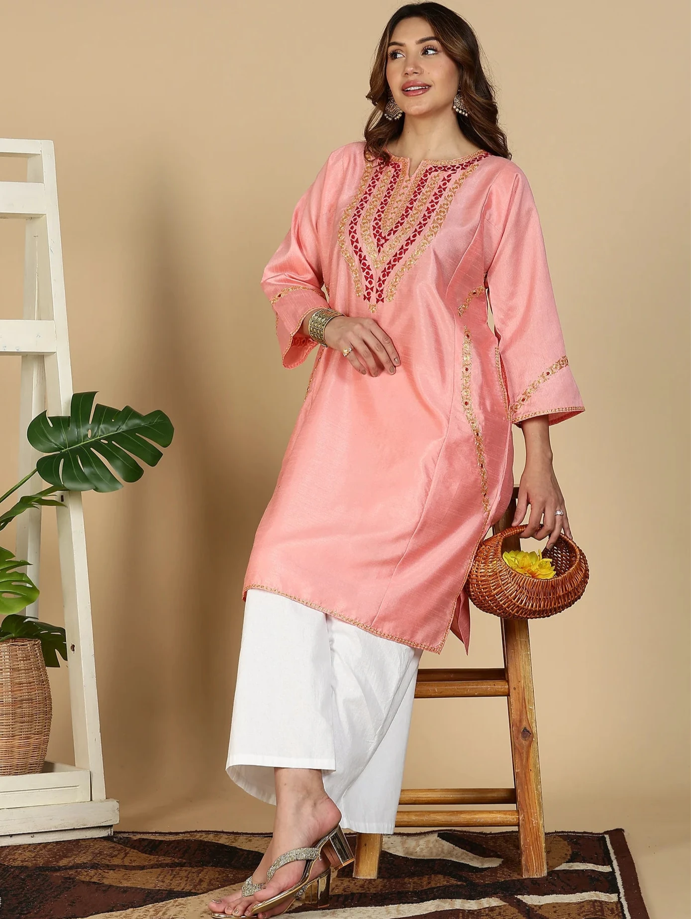 Premium Silk Pheran Set | Peach Colored | Tilla Embroidered