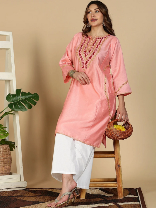 Premium Silk Pheran Set | Peach Colored | Tilla Embroidered