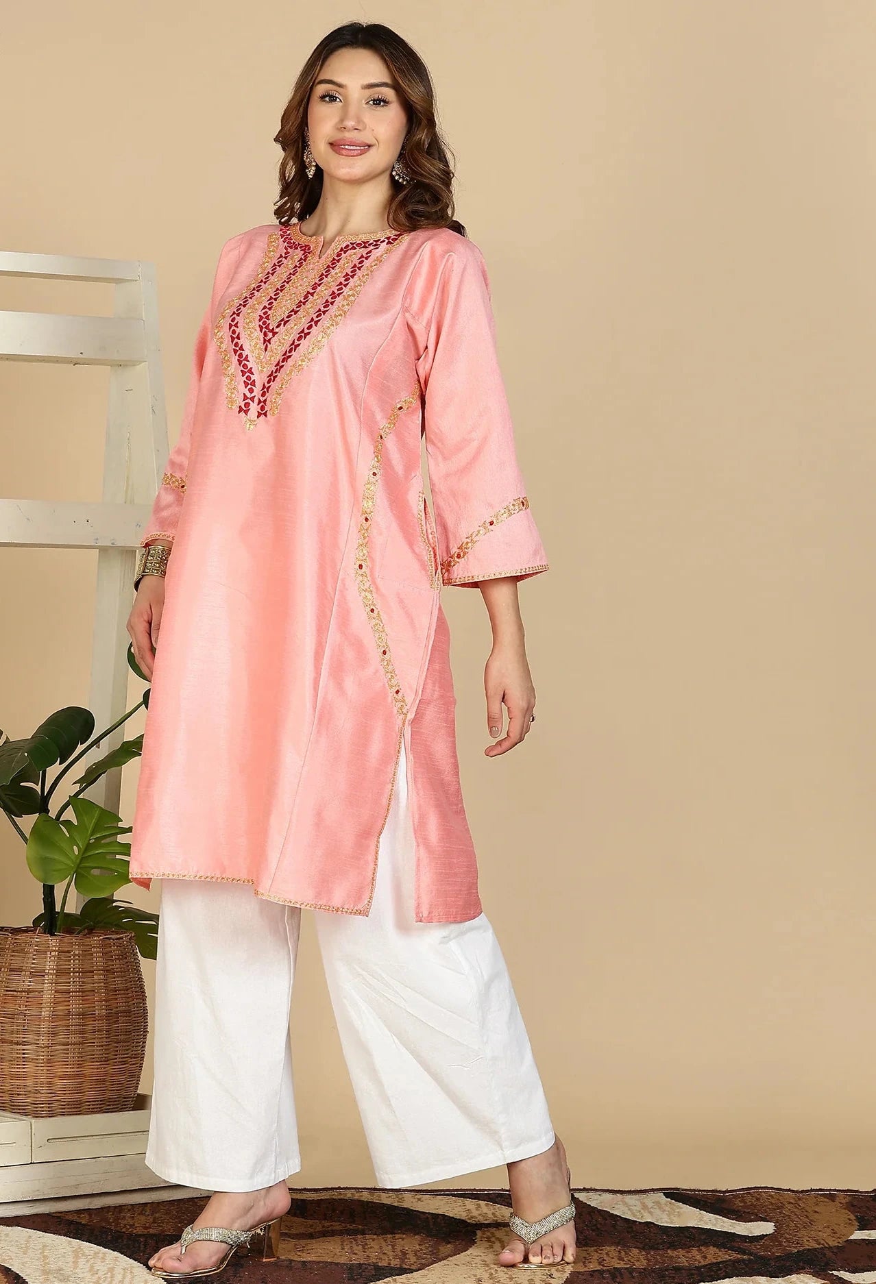 Premium Silk Pheran Set | Peach Colored | Tilla Embroidered