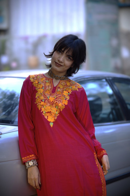 Red Embroidered Kashmiri Kurti | Ladies Long Kurti