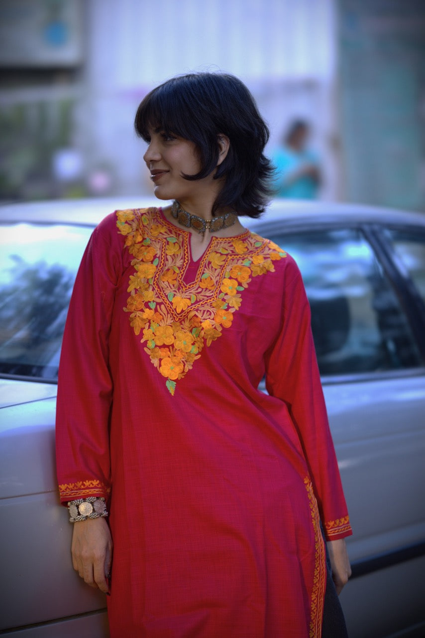 Red Embroidered Kashmiri Kurti | Ladies Long Kurti