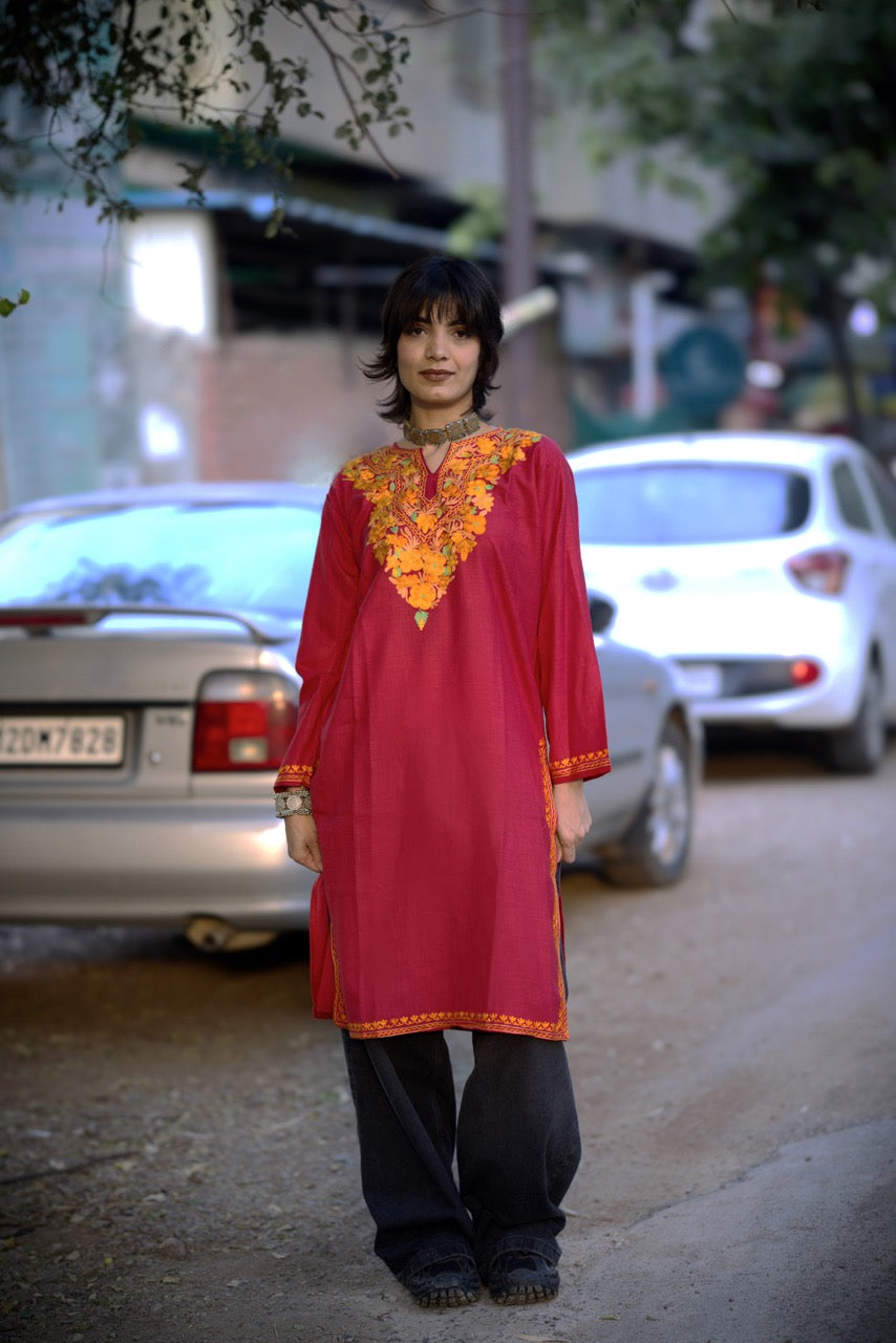 Red Embroidered Kashmiri Kurti | Ladies Long Kurti