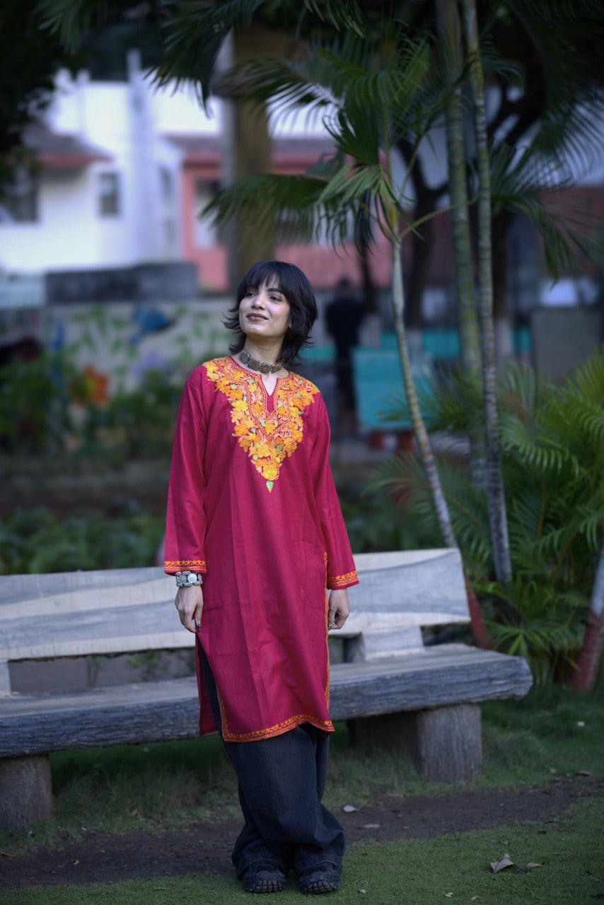 Red Embroidered Kashmiri Kurti | Ladies Long Kurti
