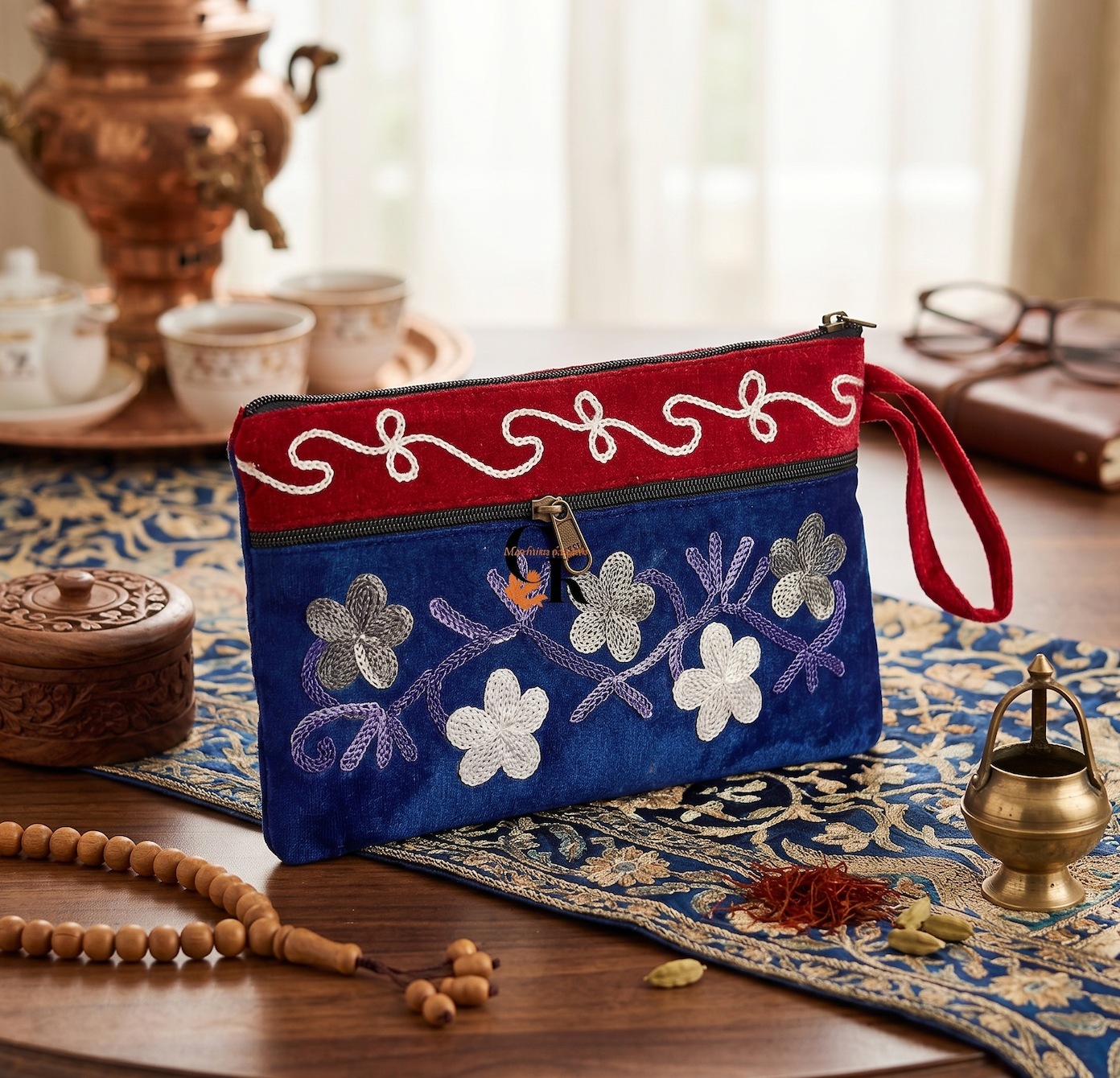 Elegant Velvet Kashmiri Embroidered Utility Pouch / Wristlet | Dark Crimson Red and Royal Blue Shades