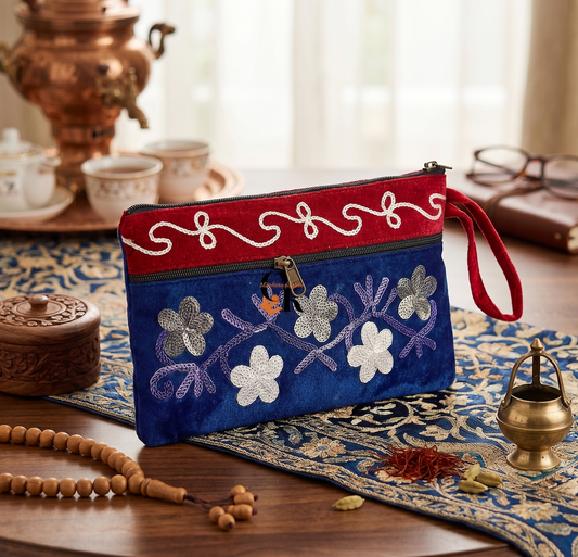 Elegant Velvet Kashmiri Embroidered Utility Pouch / Wristlet | Dark Crimson Red and Royal Blue Shades