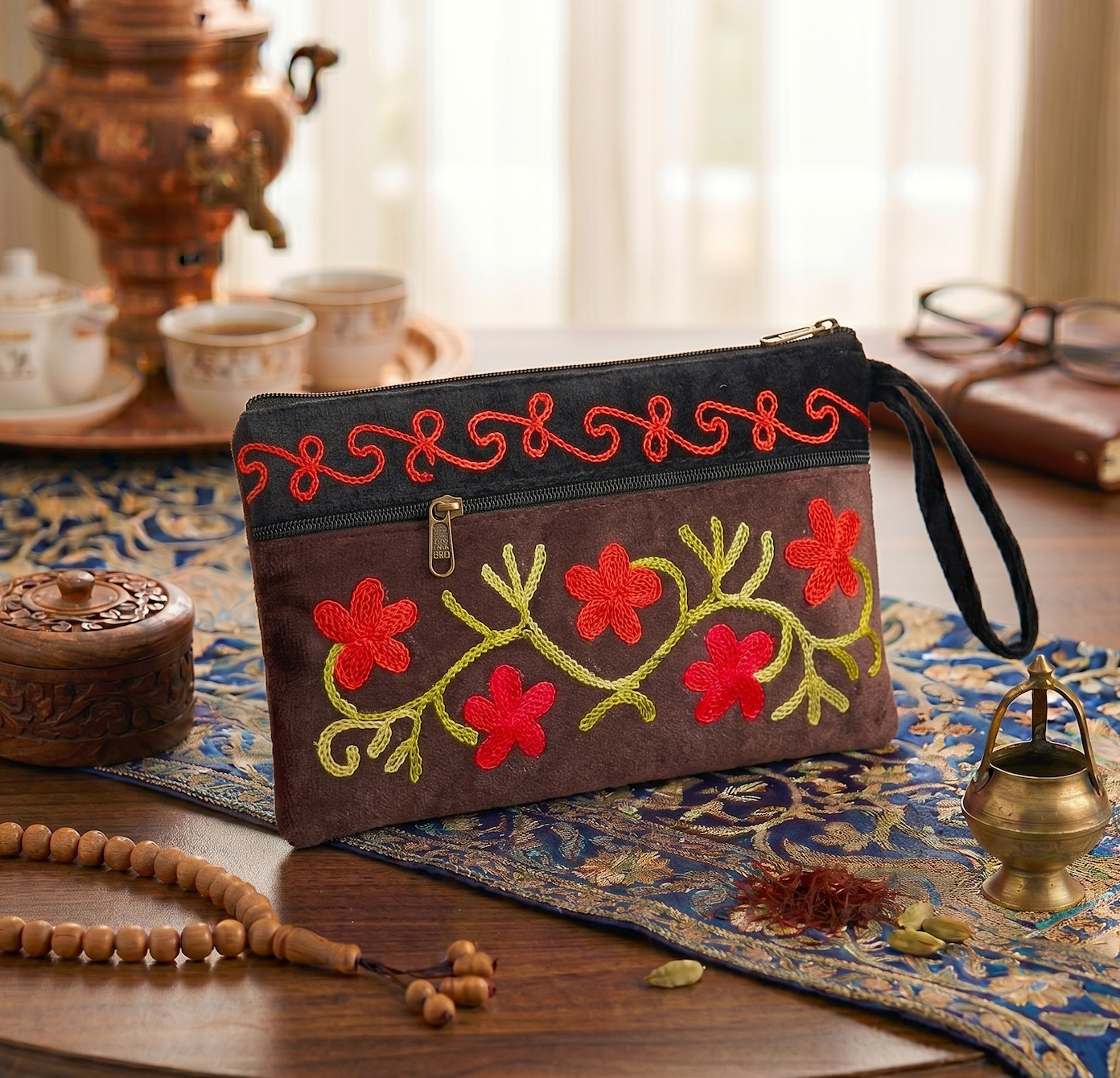 Elegant Velvet Kashmiri Embroidered Utility Pouch / Wristlet | Deep Espresso and Charcoal Shades