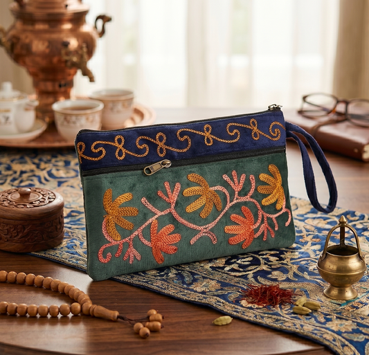 Elegant Velvet Kashmiri Embroidered Utility Pouch / Wristlet | Emerald & Ochre Shades