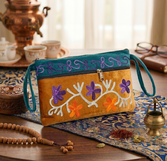 Elegant Velvet Kashmiri Embroidered Utility Pouch / Wristlet | Mustard & Teal Shades