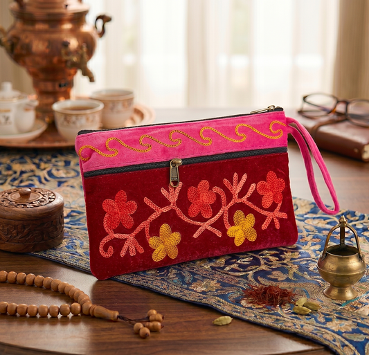 Elegant Velvet Kashmiri Embroidered Utility Pouch / Wristlet | Rose & Crimson Shades