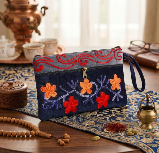 Elegant Velvet Kashmiri Embroidered Utility Pouch / Wristlet | Slate & Navy Shades
