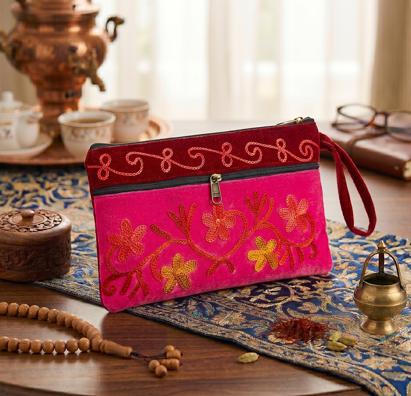 Elegant Velvet Kashmiri Embroidered Utility Pouch / Wristlet | Fuchsia & Wine Shades