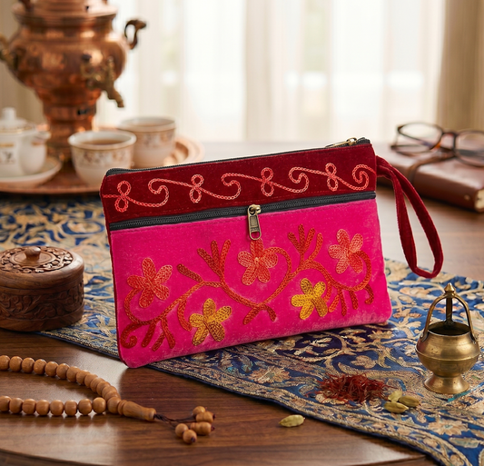 Elegant Velvet Kashmiri Embroidered Utility Pouch / Wristlet | Fuchsia & Wine Shades