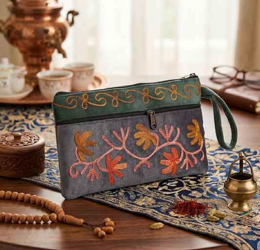Elegant Velvet Kashmiri Embroidered Utility Pouch / Wristlet | Sage & Charcoal Grey Shades