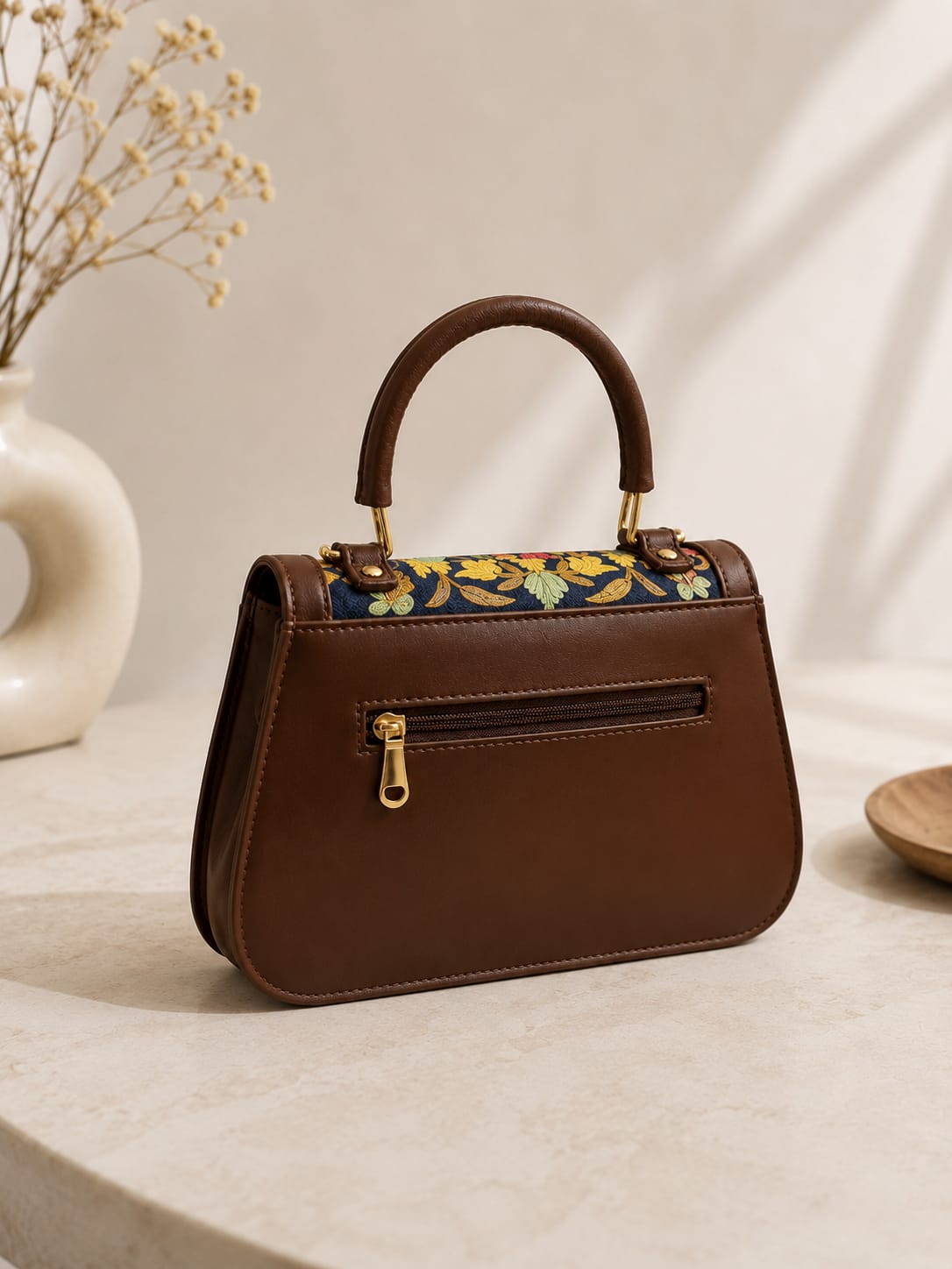 Premium Chocolate Brown Kashmiri Aari Embroidered Floral Sling Bag with Detachable & Adjustable Strap