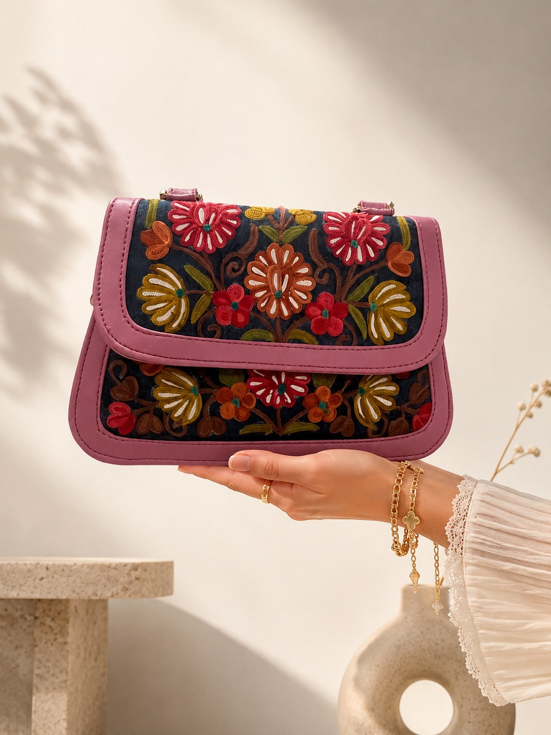 Premium Nude Pink Kashmiri Aari Embroidered Floral Sling Bag with Detachable & Adjustable Strap