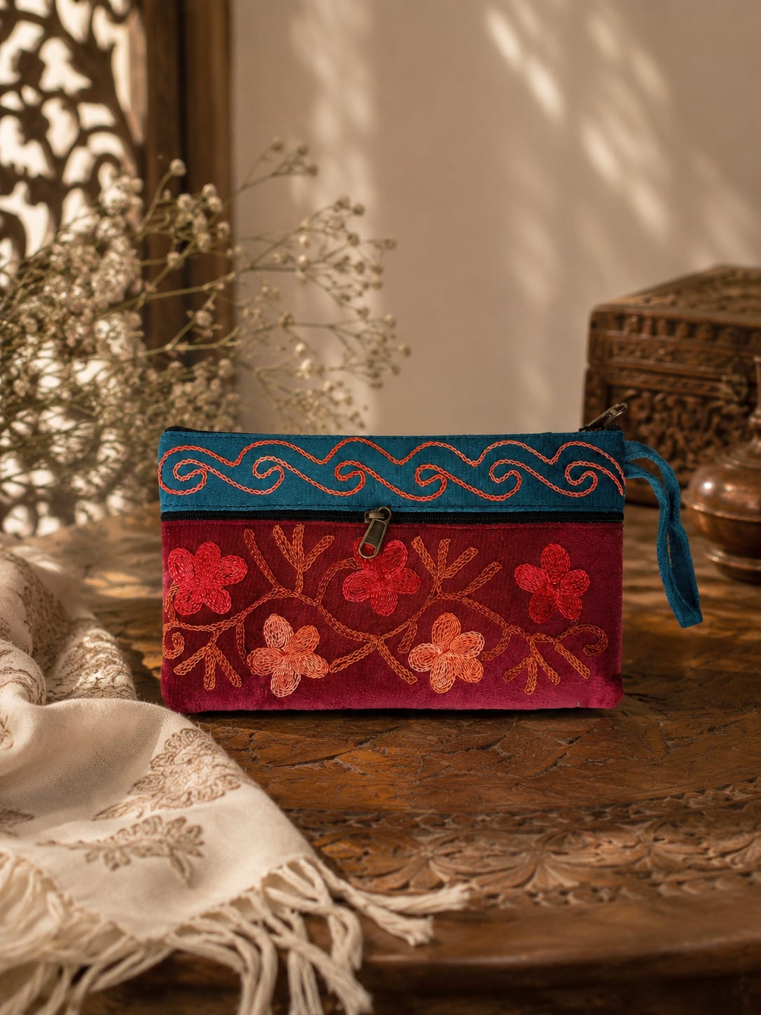 Elegant Velvet Kashmiri Embroidered Utility Pouch / Wristlet | Deep Red & Royal Teal