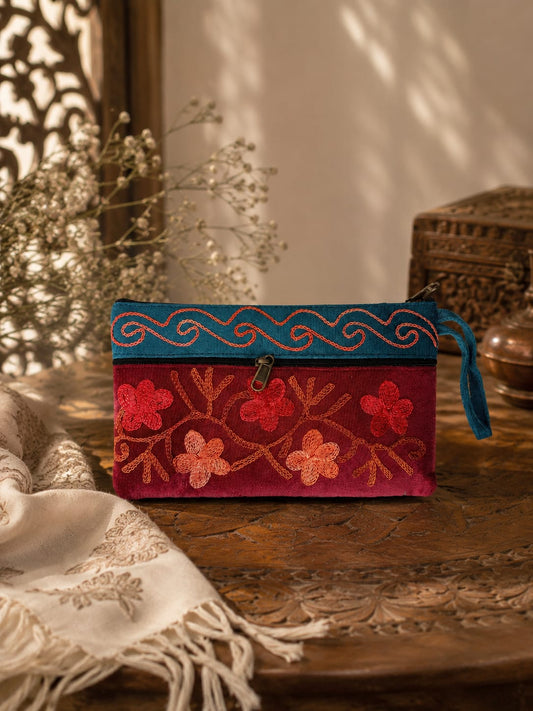 Elegant Velvet Kashmiri Embroidered Utility Pouch / Wristlet | Deep Red & Royal Teal