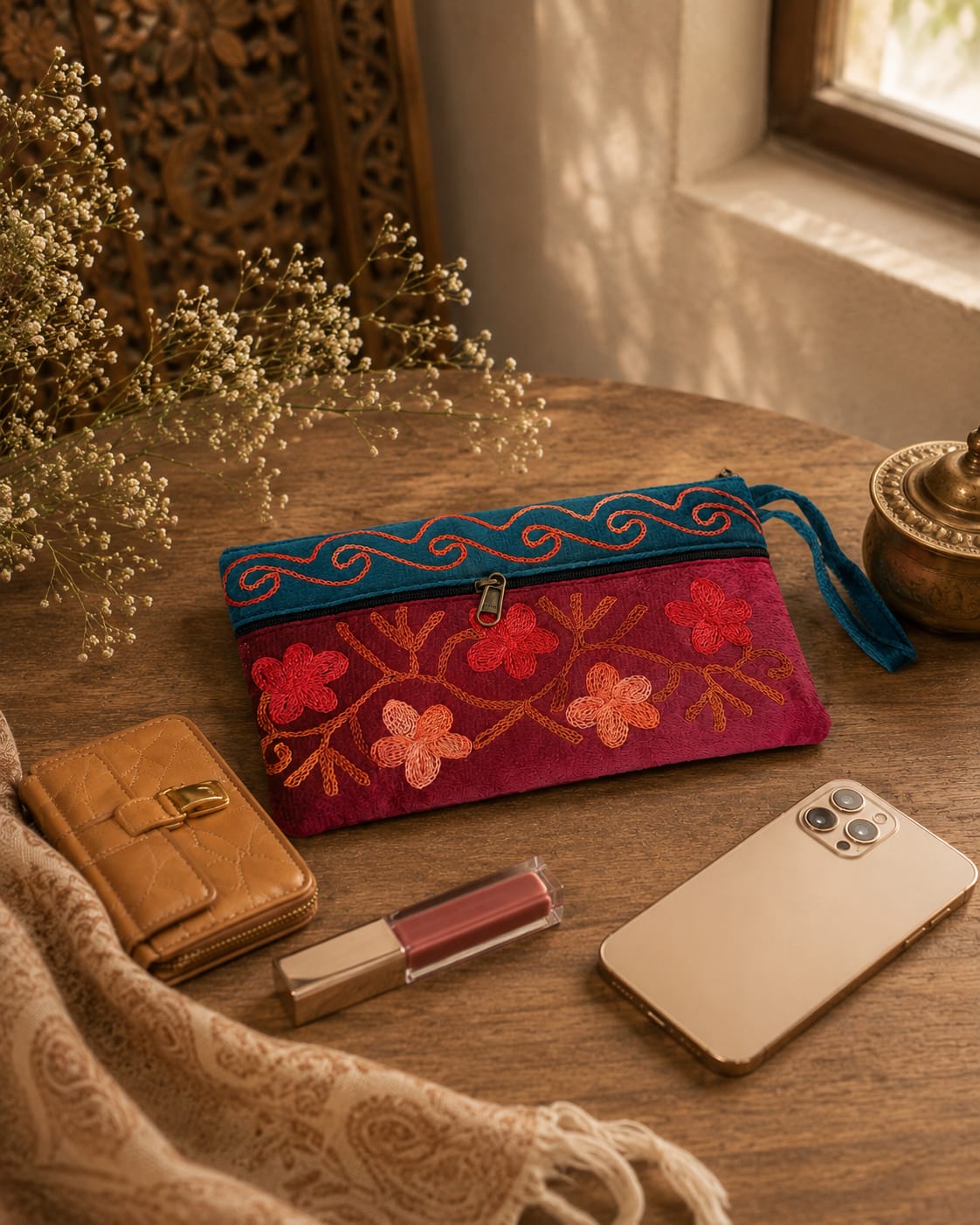Elegant Velvet Kashmiri Embroidered Utility Pouch / Wristlet | Deep Red & Royal Teal