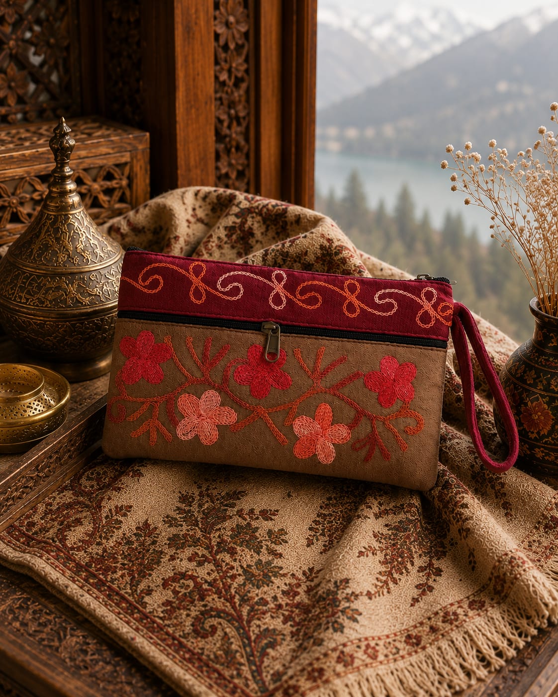 Elegant Velvet Kashmiri Embroidered Utility Pouch / Wristlet | Biscuit Brown & Deep Red