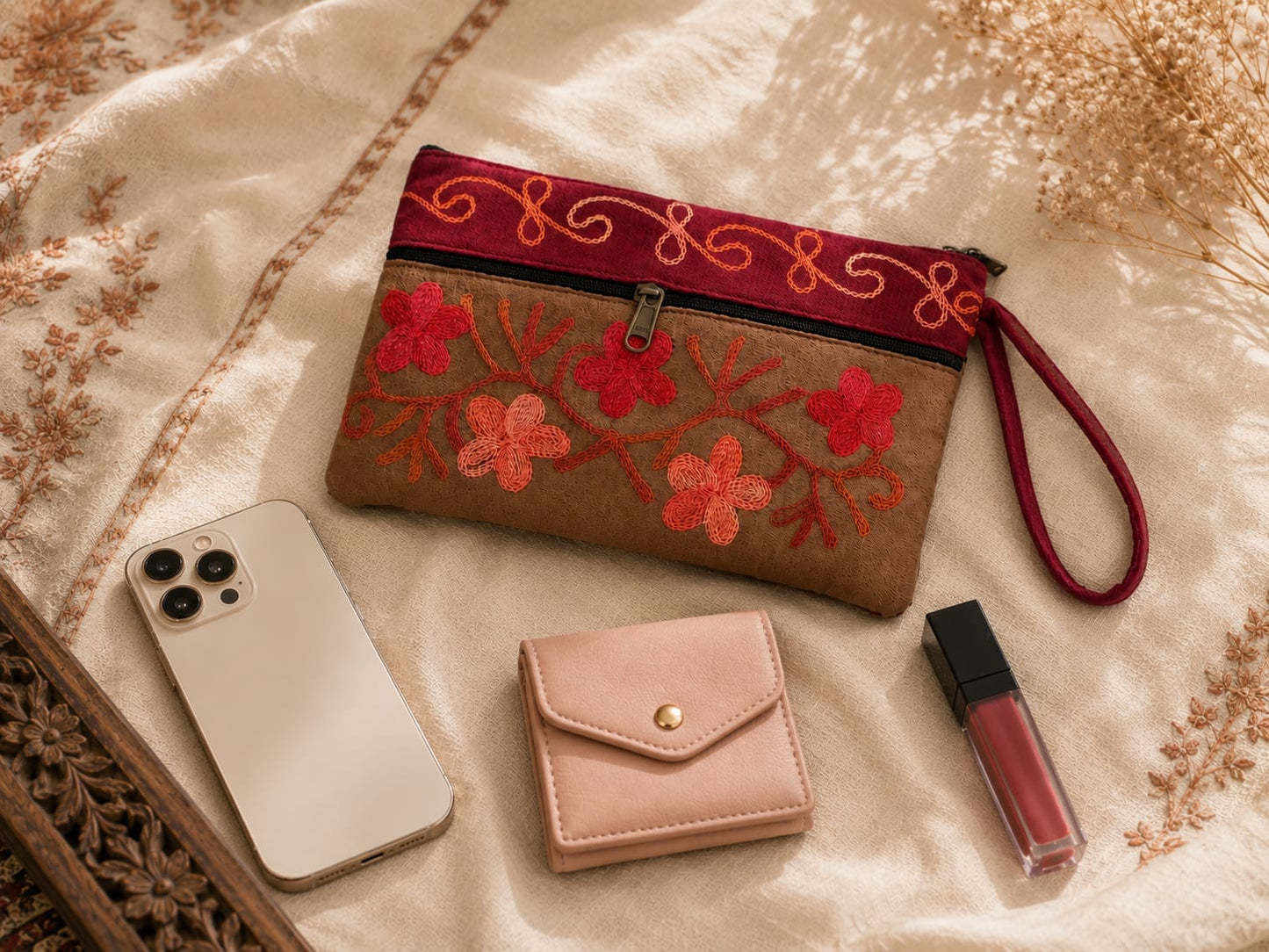 Elegant Velvet Kashmiri Embroidered Utility Pouch / Wristlet | Biscuit Brown & Deep Red