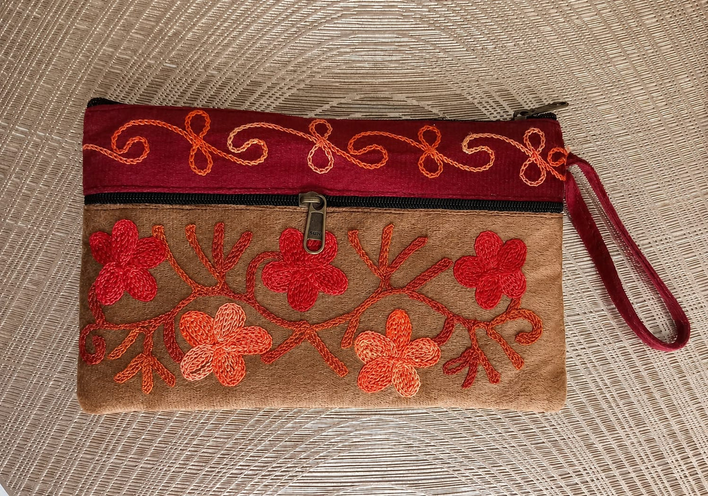 Elegant Velvet Kashmiri Embroidered Utility Pouch / Wristlet | Biscuit Brown & Deep Red