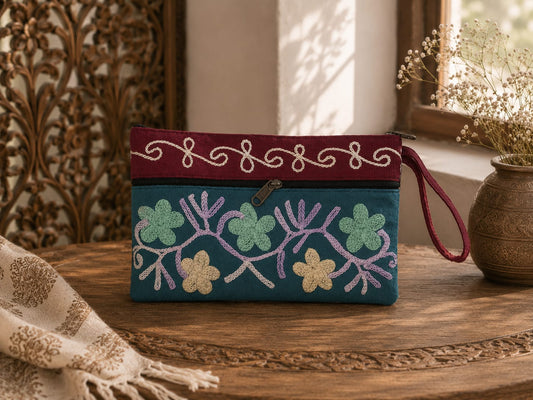 Elegant Velvet Kashmiri Embroidered Utility Pouch / Wristlet | Deep Teal & Wine Red