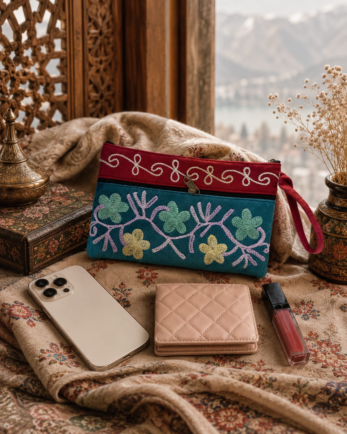 Elegant Velvet Kashmiri Embroidered Utility Pouch / Wristlet | Deep Teal & Wine Red