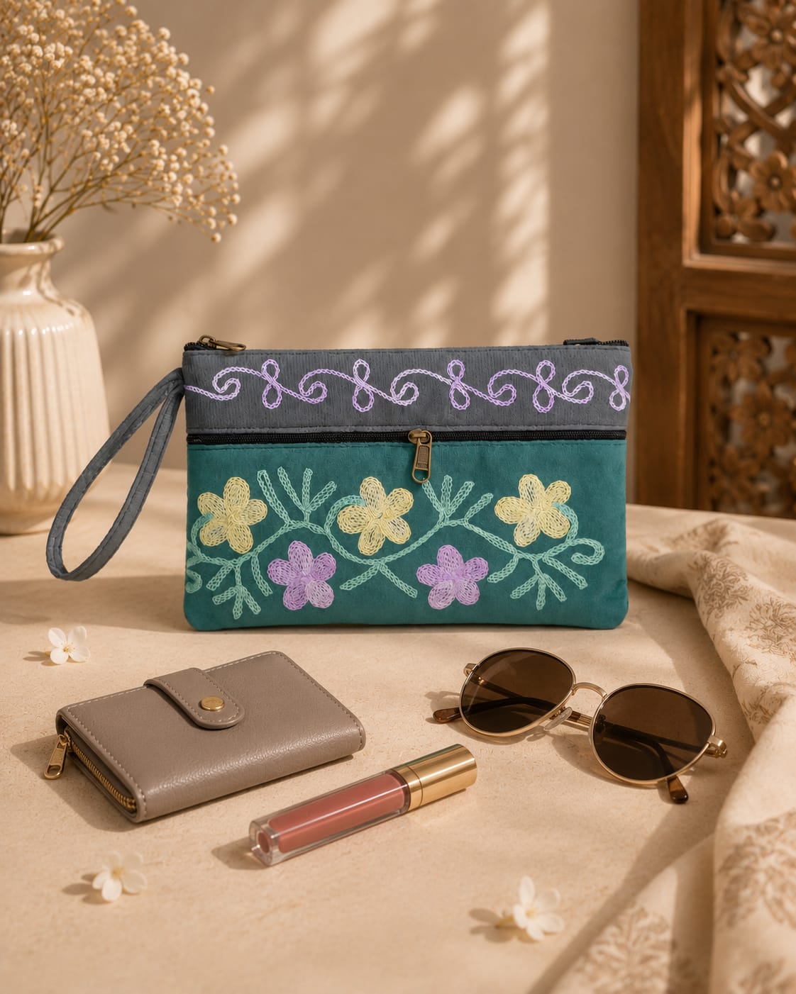 Elegant Velvet Kashmiri Embroidered Utility Pouch / Wristlet | Pine Green & Grey