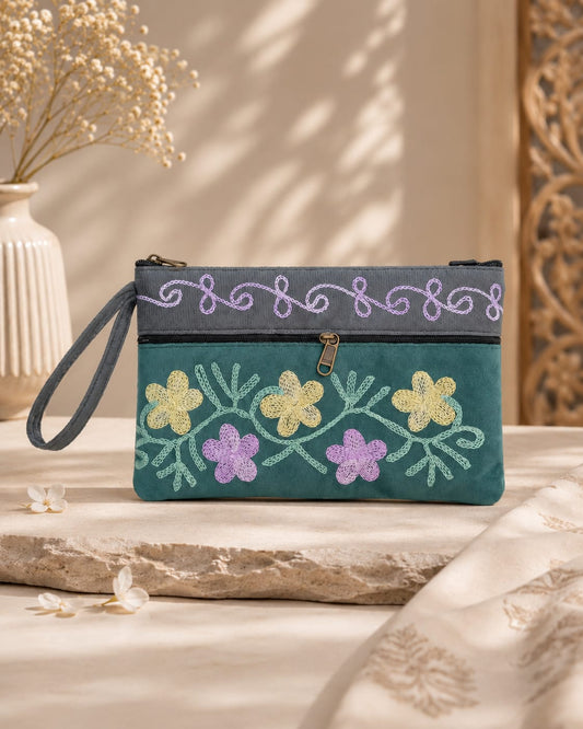 Elegant Velvet Kashmiri Embroidered Utility Pouch / Wristlet | Pine Green & Grey