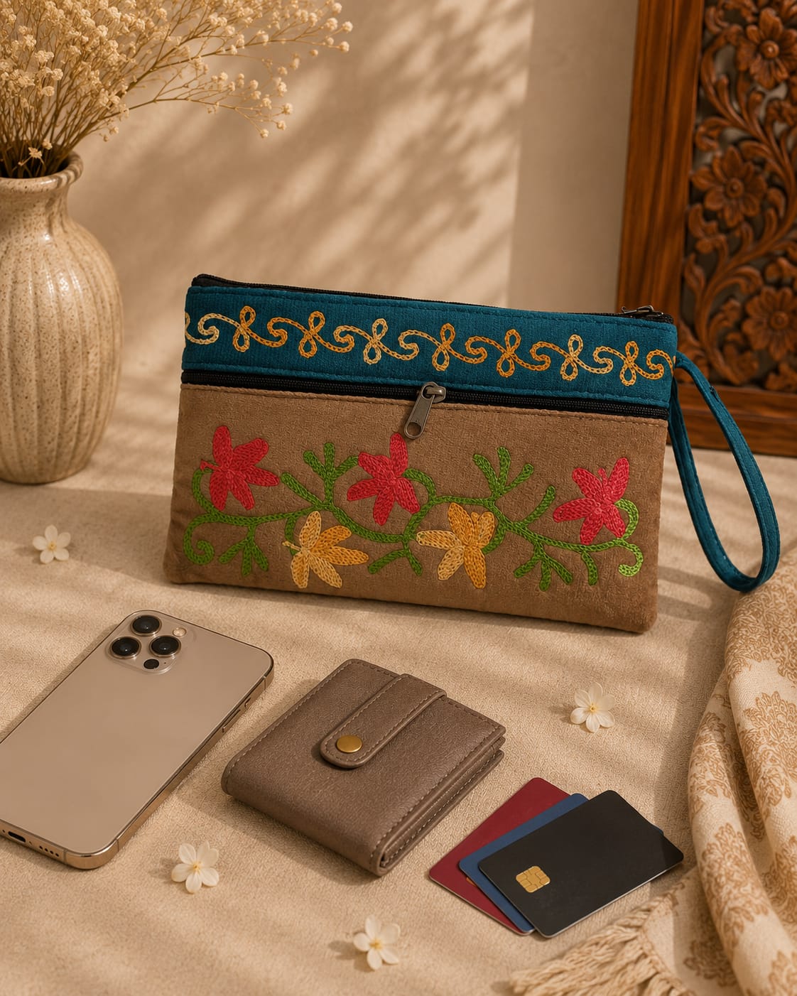 Elegant Velvet Kashmiri Embroidered Utility Pouch / Wristlet | Biscuit Brown & Deep Teal